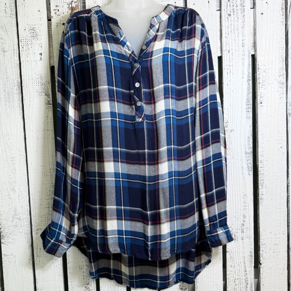 Blue Plaid Long Sleeve Roll Tab Shirt Tunic Top Size 2XL Soft Rayon V-neck Flowy